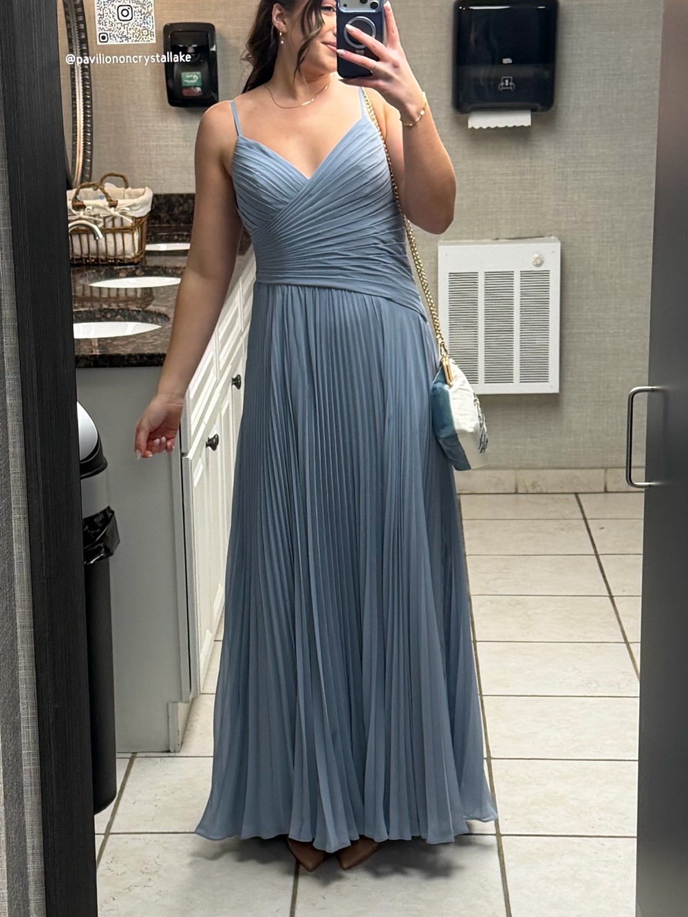 Azazie Dusty Blue Pleated Chiffon Spaghetti Strap Gown